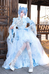 Blue/White Porcelain Printed Ruffled Bow Lace High-low Sweet Plus Size Lolita Jsk Dress(Long Version) - Product - 2