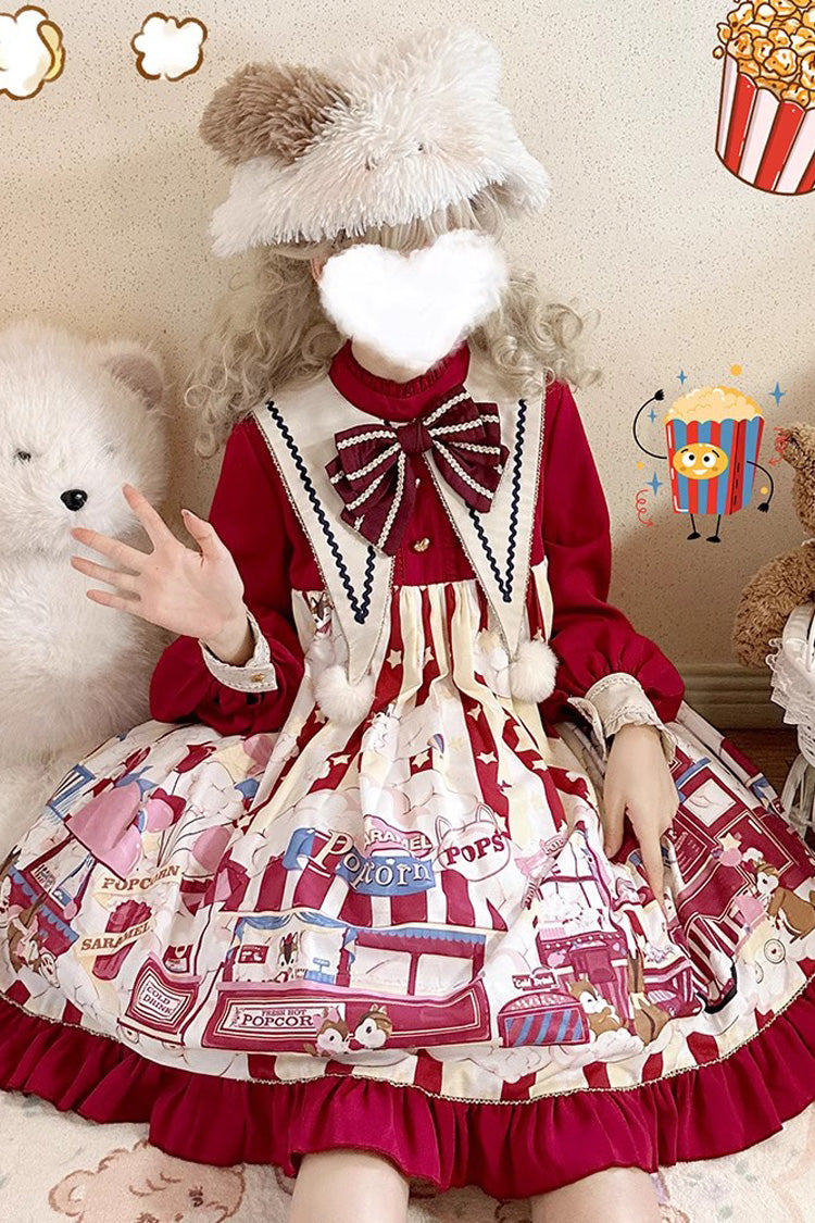 Red Long Sleeves Squirrel Popcorn Print Bowknot Sweet Lolita Dress - Product - 5