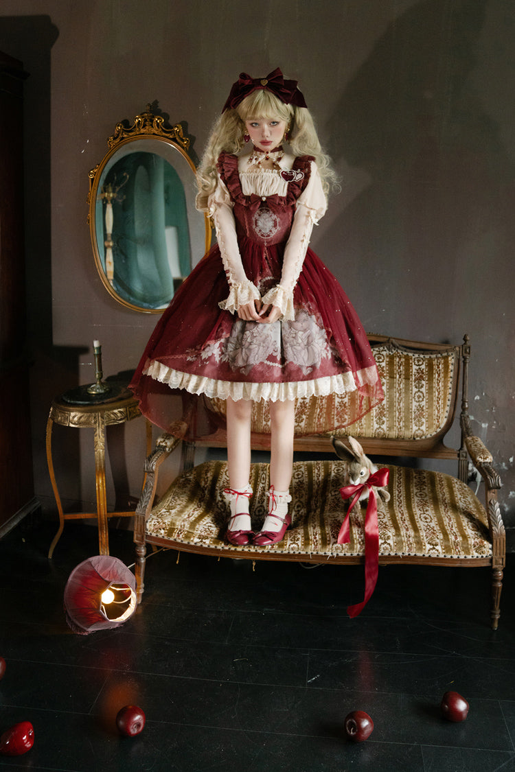 Red Bunny Tea Party Print Ruffle Bowknot Sweet Lolita Jsk Dress - Product - 11