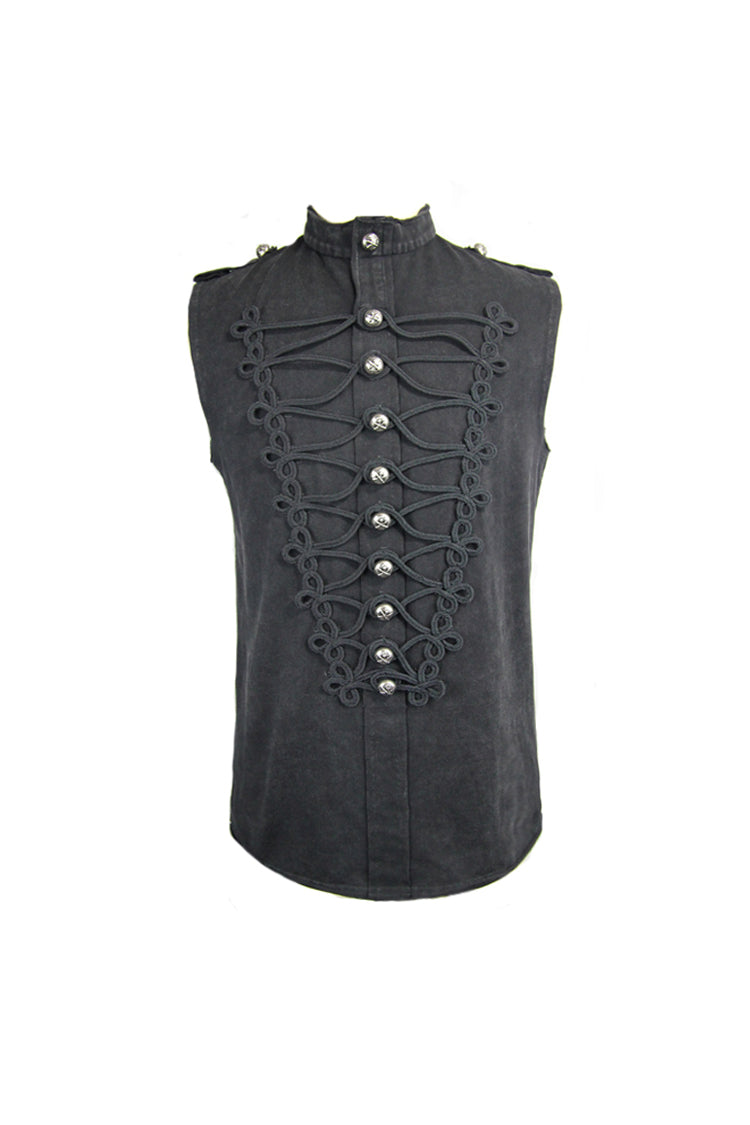 Black Military Uniform Style Chest Chinese Frog Button Sleeveless Men's Punk T-Shirt - Product - 5