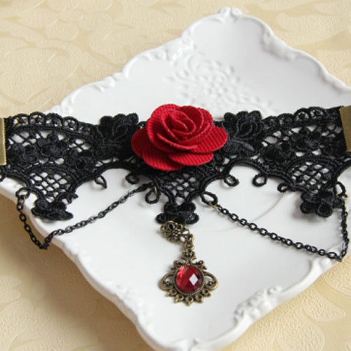 Black Retro Fashion Female Gothic Lolita Lace Red Rose Ruby Bracelet - Product - 2