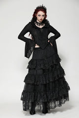Black Lace Ruffled V Stand Collar Long Flared Sleeves Jacquard Women's Gothic Blouse - Black - 1