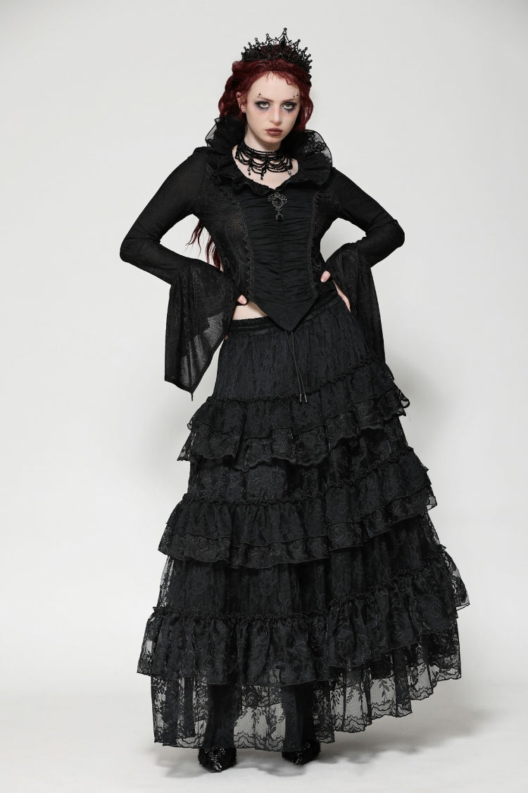 Black Lace Ruffled V Stand Collar Long Flared Sleeves Jacquard Women's Gothic Blouse - Black - 1