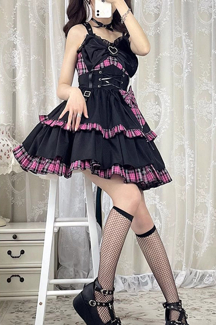 Black/Pink Plaid Print Color Contrast Leather Buckle Bowknot Ruffle Gothic Lolita JSK Dress - Product - 2