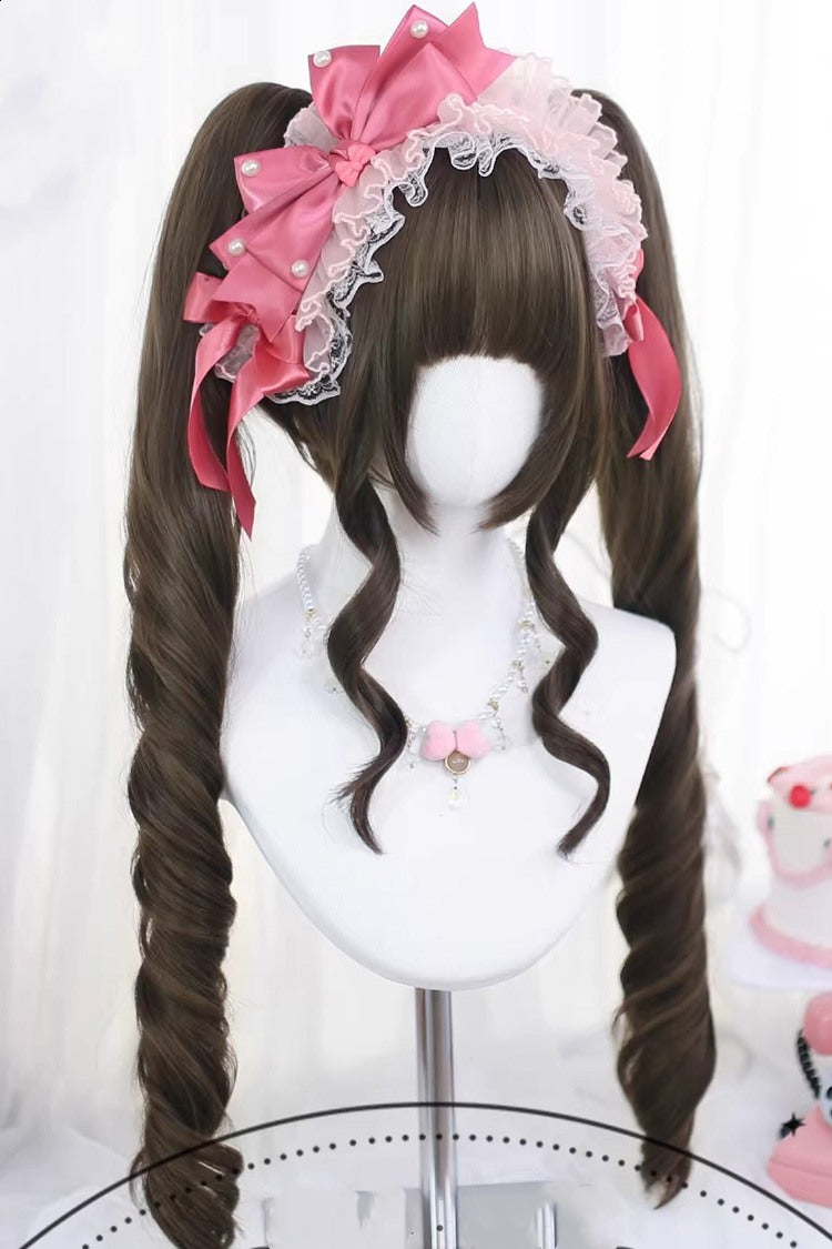 Hazelnut Ash Brown Long Roman Ringlet Twin Pigtails Sweet Lolita Wig Set - Product - 2