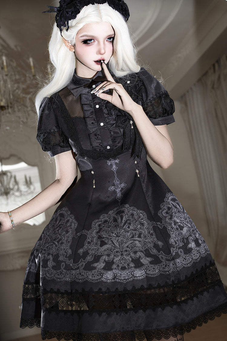 Black Lapel Collar Short Sleeves Ruffled Embroidered Lace Classic Gothic Elegant Lolita Dress - Product - 12