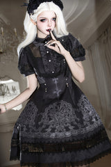 Black Lapel Collar Short Sleeves Ruffled Embroidered Lace Classic Gothic Elegant Lolita Dress - Product - 12