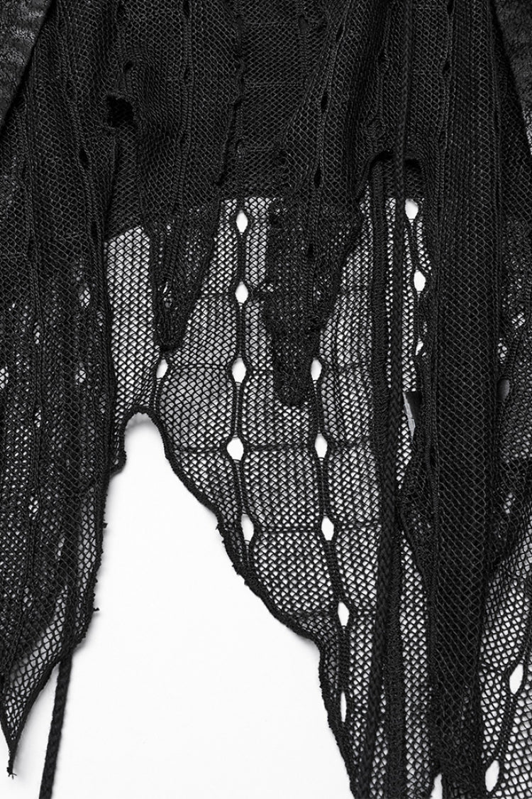 Black V Collar Sleeveless Stitching Lace-Up Irregular Mesh Women's Gothic Long Vest - Product - 8