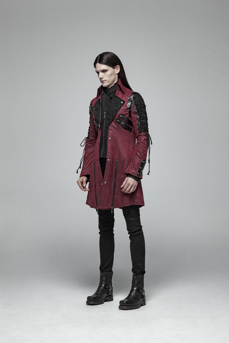 Red Metal Buckle Decoration Zipper Mens Steampunk Windbreaker Coat - Product - 2