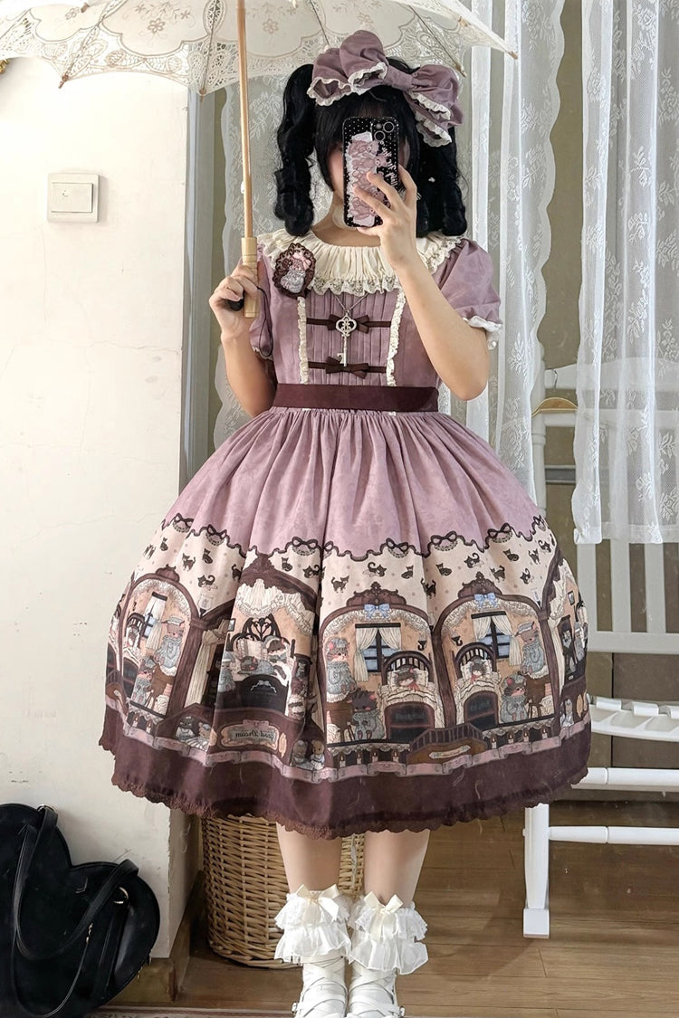 Pink/Purple Short Sleeves Bear Print Bowknot Classic Lolita Dress - Pink/Purple - 1