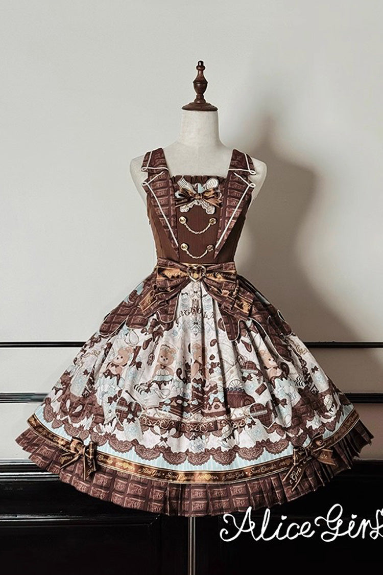 Brown [Teddy Bear Chocolate] Sleeveless Print Ruffle Bowknot Sweet Lolita Jsk Dress - Product - 3