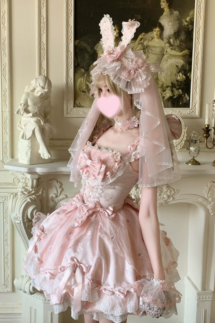 Pink [Sakura Bunny Ballad] Square Collar Flutter Sleeves Jacquard Ruffled Bow Lace Sweet Elegant Luxurious Short Lolita Jsk Dress - Product - 13