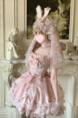 Pink [Sakura Bunny Ballad] Square Collar Flutter Sleeves Jacquard Ruffled Bow Lace Sweet Elegant Luxurious Short Lolita Jsk Dress - Product - 13