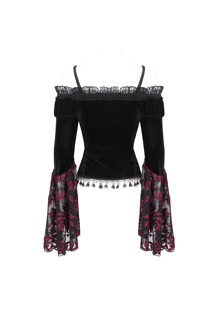 Black/Red Off Shoulder Trumpet Sleeves Embroidery Lace Women's Gothic Blouse - Product - 8