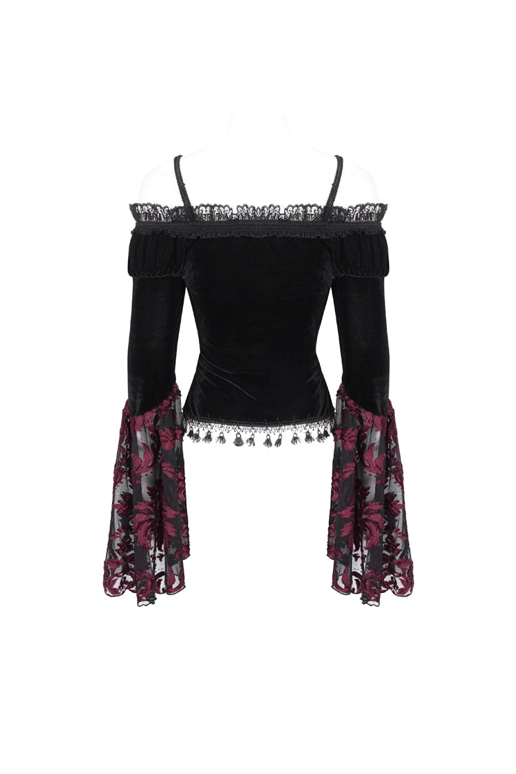 Black/Red Off Shoulder Trumpet Sleeves Embroidery Lace Women's Gothic Blouse - Product - 8