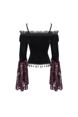 Black/Red Off Shoulder Trumpet Sleeves Embroidery Lace Women's Gothic Blouse - Product - 8