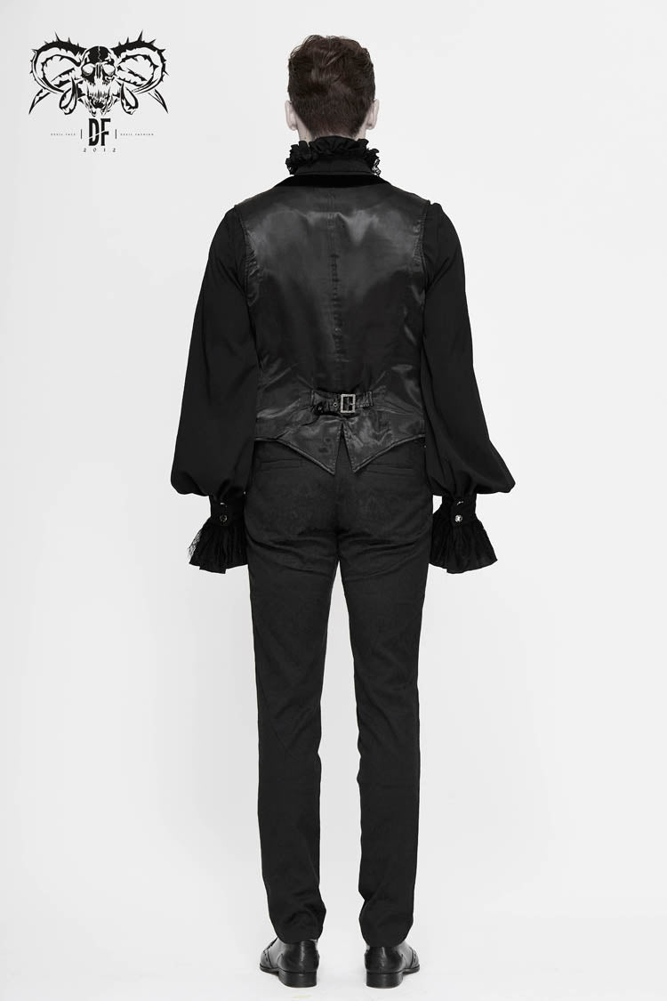 Black Velveteen Asymmetrical Pleated Splice Waist Loop Men's Gothic Waistcoat - Product - 6