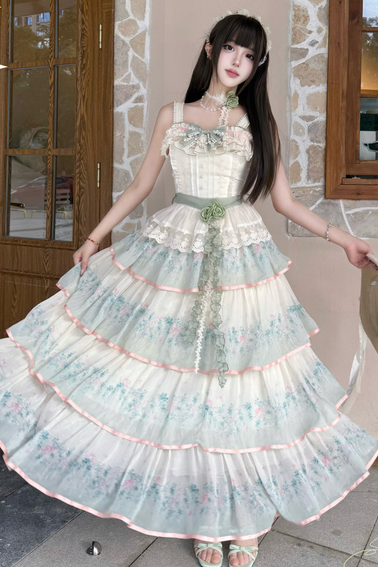 Green [Lilac Thoughts] Sleeveless Gradient Multi-Layered Print Ruffle Bowknot Lace Sweet Lolita Dress Set - Product - 2