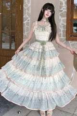 Green [Lilac Thoughts] Sleeveless Gradient Multi-Layered Print Ruffle Bowknot Lace Sweet Lolita Dress Set - Product - 2
