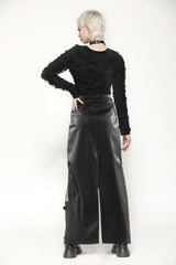 Black Leather Women's Punk Buckled Side Slit Irregular Hem Skirt - Product - 4