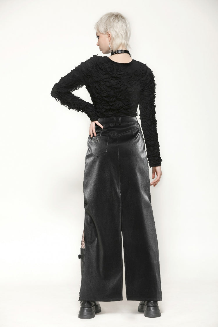 Black Leather Women's Punk Buckled Side Slit Irregular Hem Skirt - Product - 4