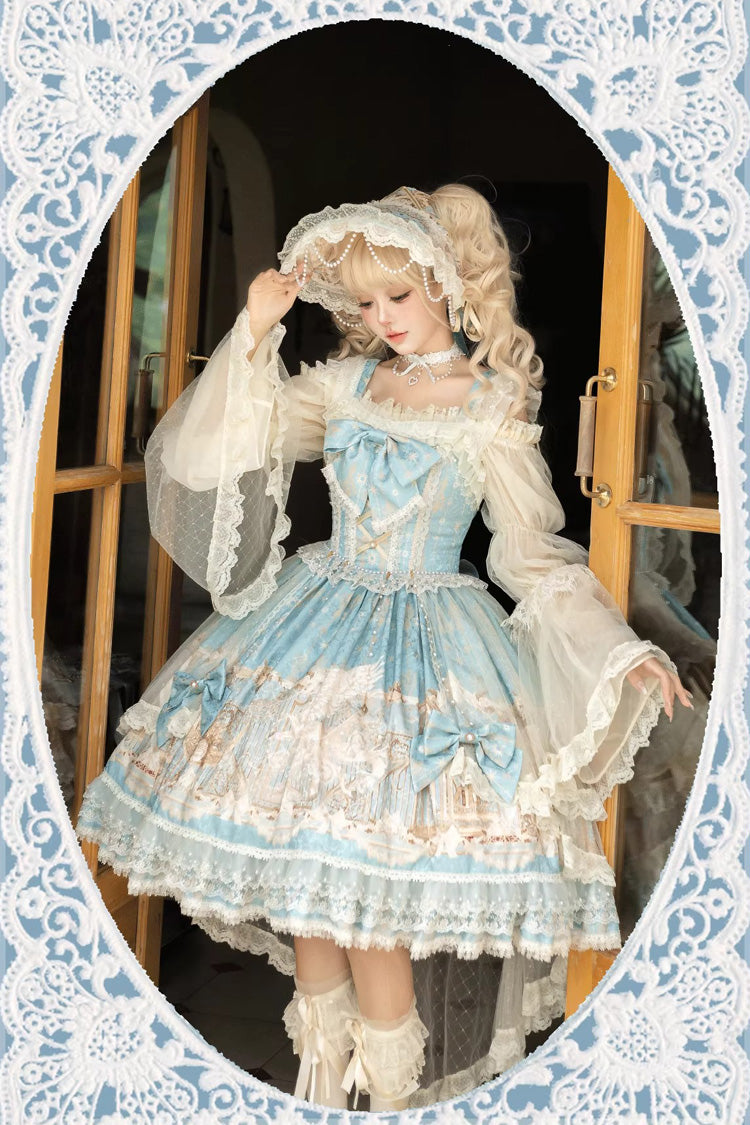 Blue Unicorn Print Sleeveless Multi-Layered Embroidery Bowknot Lace Sweet (Dress Only) detail view 12