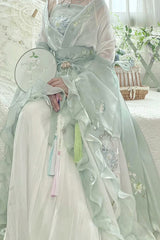Green High Waisted Print Embroidery Sweet Hanfu Dress Full Set - Product - 5