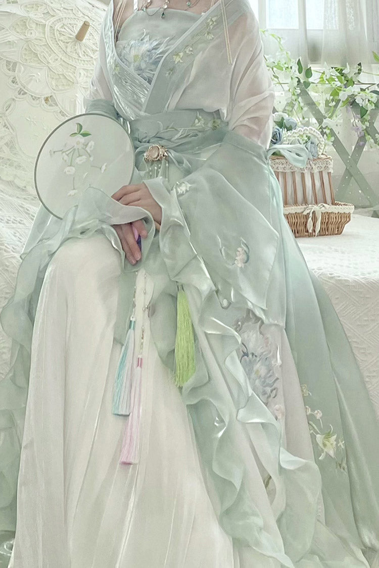 Green High Waisted Print Embroidery Sweet Hanfu Dress Full Set - Product - 5