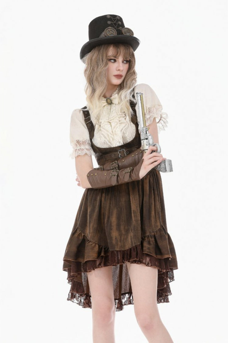 Beige Stand Collar Short Puff Sleeves Lace Sheer Lace-Up Women's Gothic Blouse with Detachable Bowknot - Product - 5