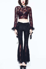 Black Palace Pattern Lace-Up Velveteen Lace Flared Women's Gothic Pants - Black - 1