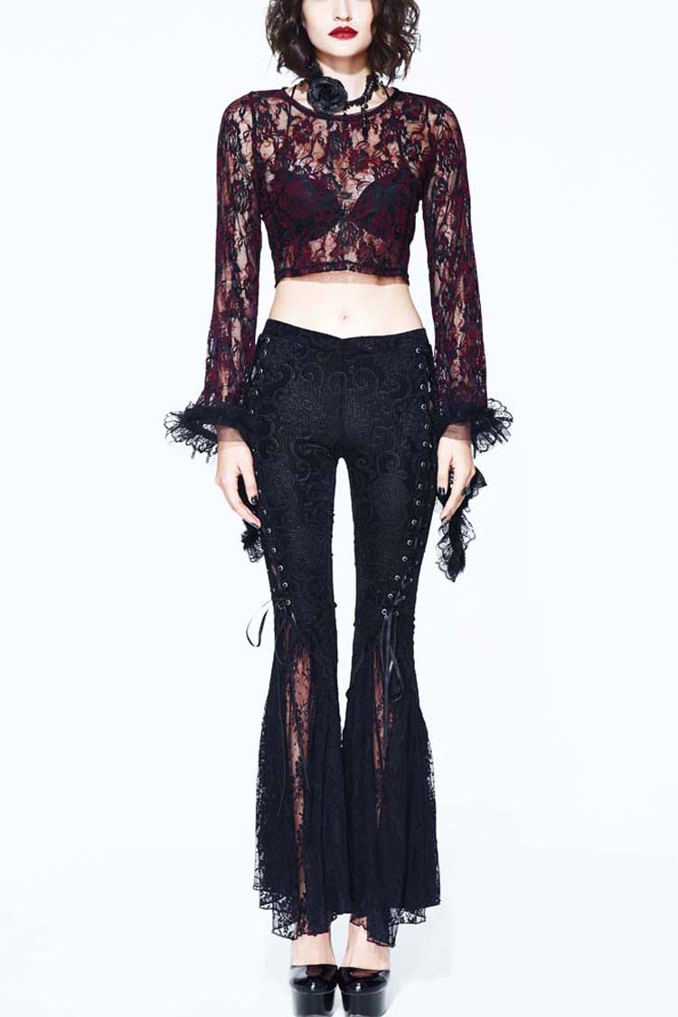 Black Palace Pattern Lace-Up Velveteen Lace Flared Women's Gothic Pants - Black - 1