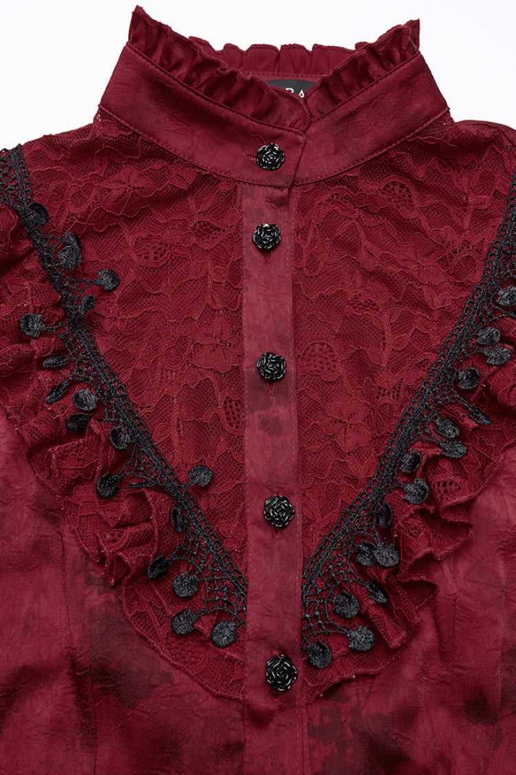 Red Stand Collar Long Puff Sleeves Ruffle Stitching Lace Women's Gothic Blouse - Product - 5