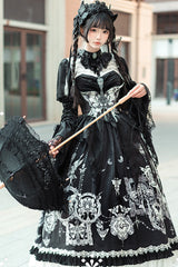 Black [Feast of Bones] Print Ruffle Bowknot Lace Gothic Elegant Lolita Long Dress - Product - 9