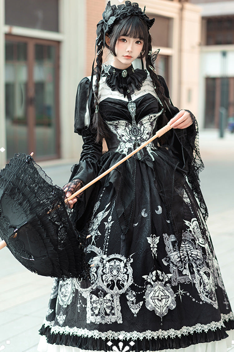 Black [Feast of Bones] Print Ruffle Bowknot Lace Gothic Elegant Lolita Long Dress - Product - 9