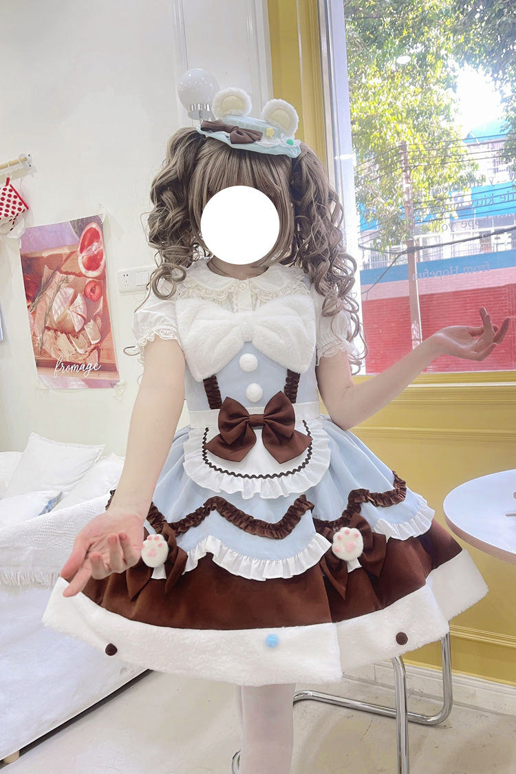 Blue/Brown [Cream Snow Cat] Winter Ruffle Bowknot Sweet Lolita Jsk Dress - Product - 2