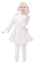 [First Love] Long Sleeves Faux Fox Fur Autumn Winter Wool Sweet Lolita Coat - Pink - 4