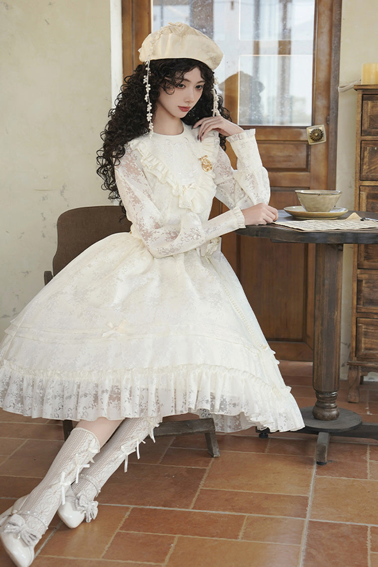 Ivory [Flower Sound] Long Sleeves Ruffle Cardigan Bowknot Lace Sweet Lolita Dress - Product - 8