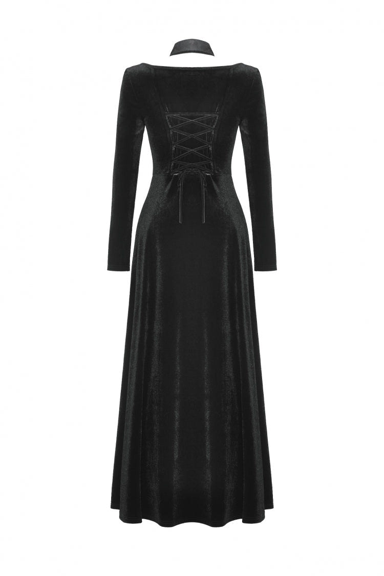 Black Long Sleeves Cut-Out Lace-Up Women's Gothic Side Slit Velvet Party Dress Wedding Dress - Product - 10