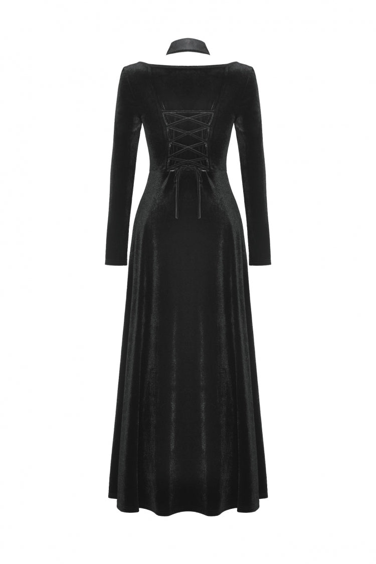 Black Long Sleeves Cut-Out Lace-Up Women's Gothic Side Slit Velvet Party Dress Wedding Dress - Product - 10