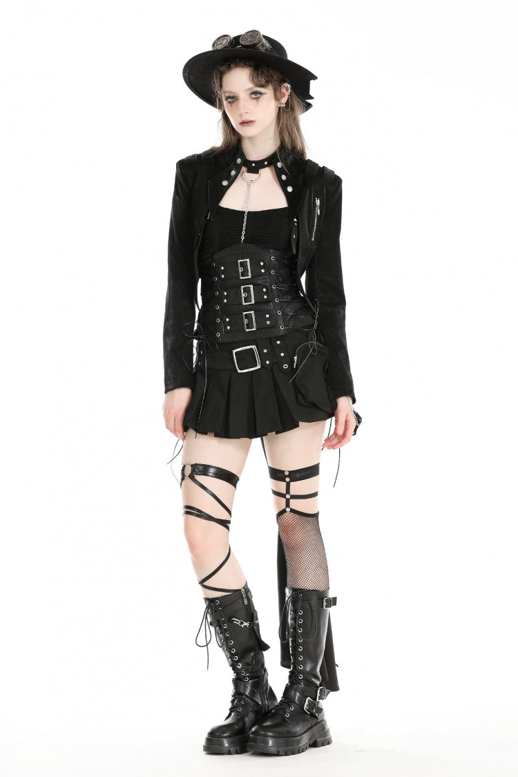 Black Long Sleeves Spliced Lace-Up Women's Gothic High Low Faux Leather Long Tail Jacket - Product - 6