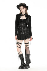 Black Long Sleeves Spliced Lace-Up Women's Gothic High Low Faux Leather Long Tail Jacket - Product - 6