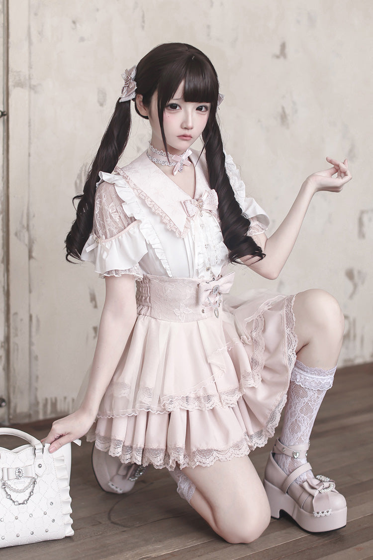 White/Pink [Dreamy Love Ballad] Lapel Collar Short Sleeves Double-Layered Ruffled Cut-Out Bow Gothic Japanese Jirai Kei Skirt Set - Product - 5