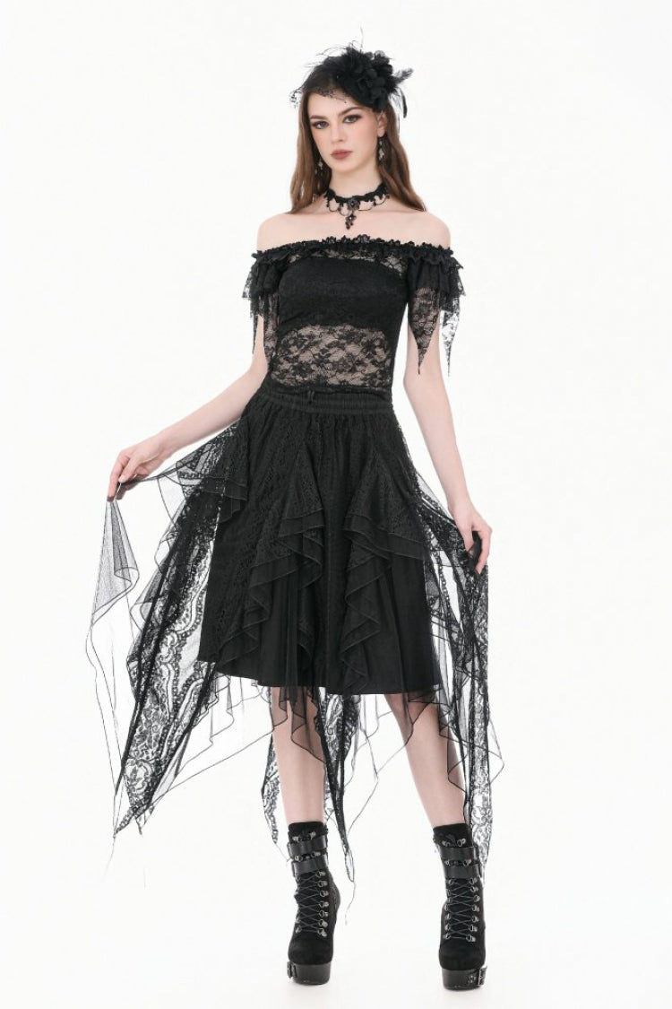 Black Off Shoulder Floral Sheer Lace Women's Gothic Top - Product - 13
