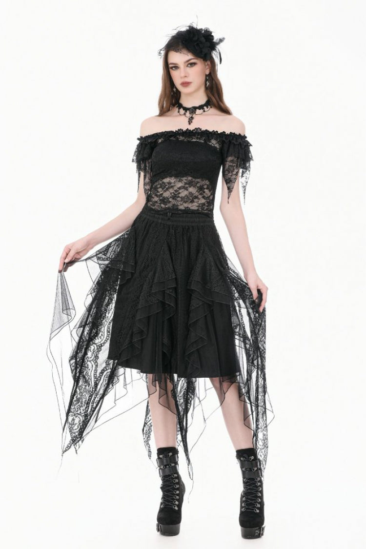 Black Off Shoulder Floral Sheer Lace Women's Gothic Top - Product - 13