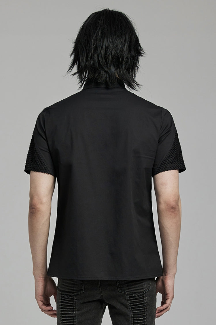 Black Lapel Collar Short Sleeves Mesh Stitching Men's Punk Blouse - Product - 3
