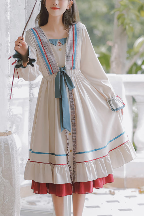 Multi-Color Square Collar Ruffled Long Sleeves Paneled Hem Sweet Lolita OP Dress - Multi-Color - 1