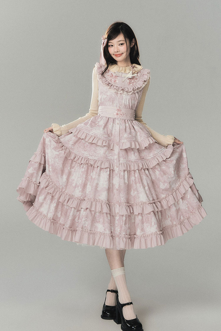Pink [Sacred Heart Lily] Round Collar Sleeveless Multi-Layered Printed Ruffled Embroidered Sweet Chinese Inspired Lolita Jumper Dress - Pink - 1