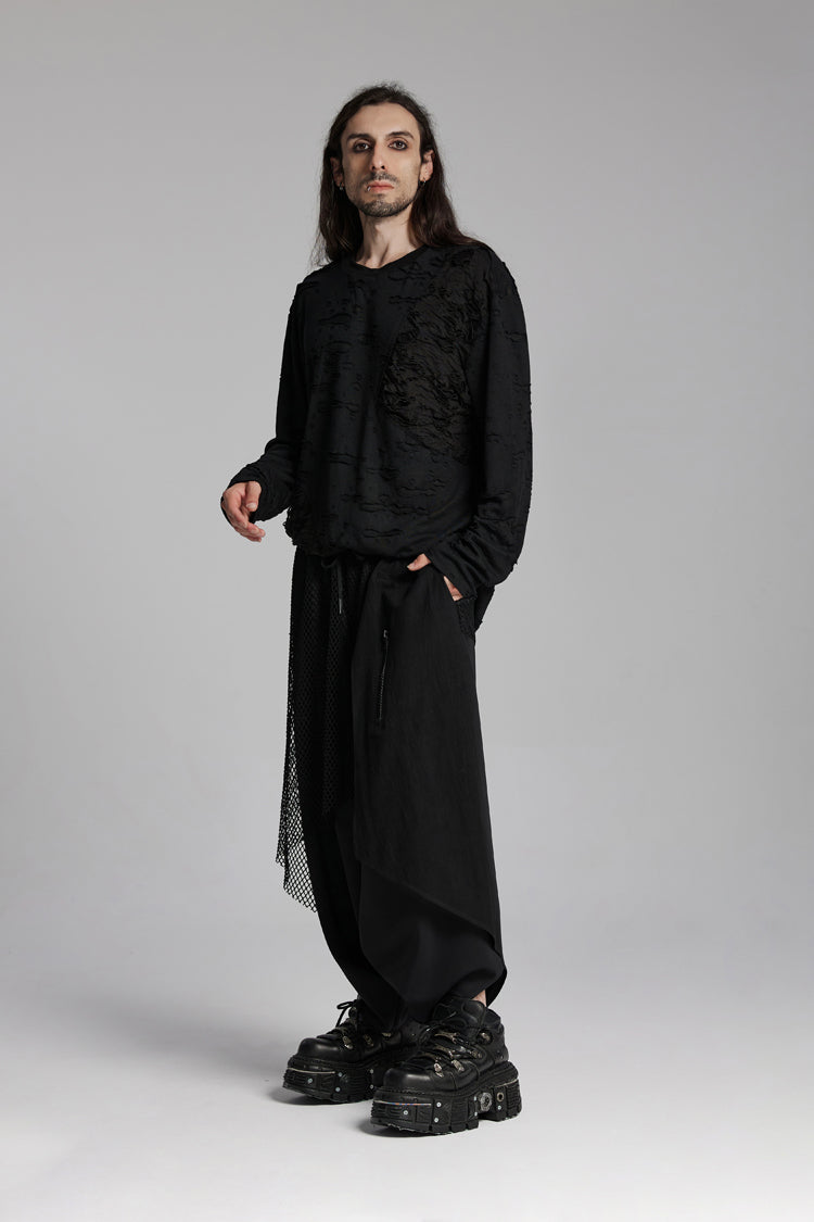 Black Round Collar Long Sleeves Ripped Mesh Men's Punk T-Shirt - Product - 5