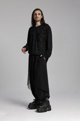 Black Round Collar Long Sleeves Ripped Mesh Men's Punk T-Shirt - Product - 5