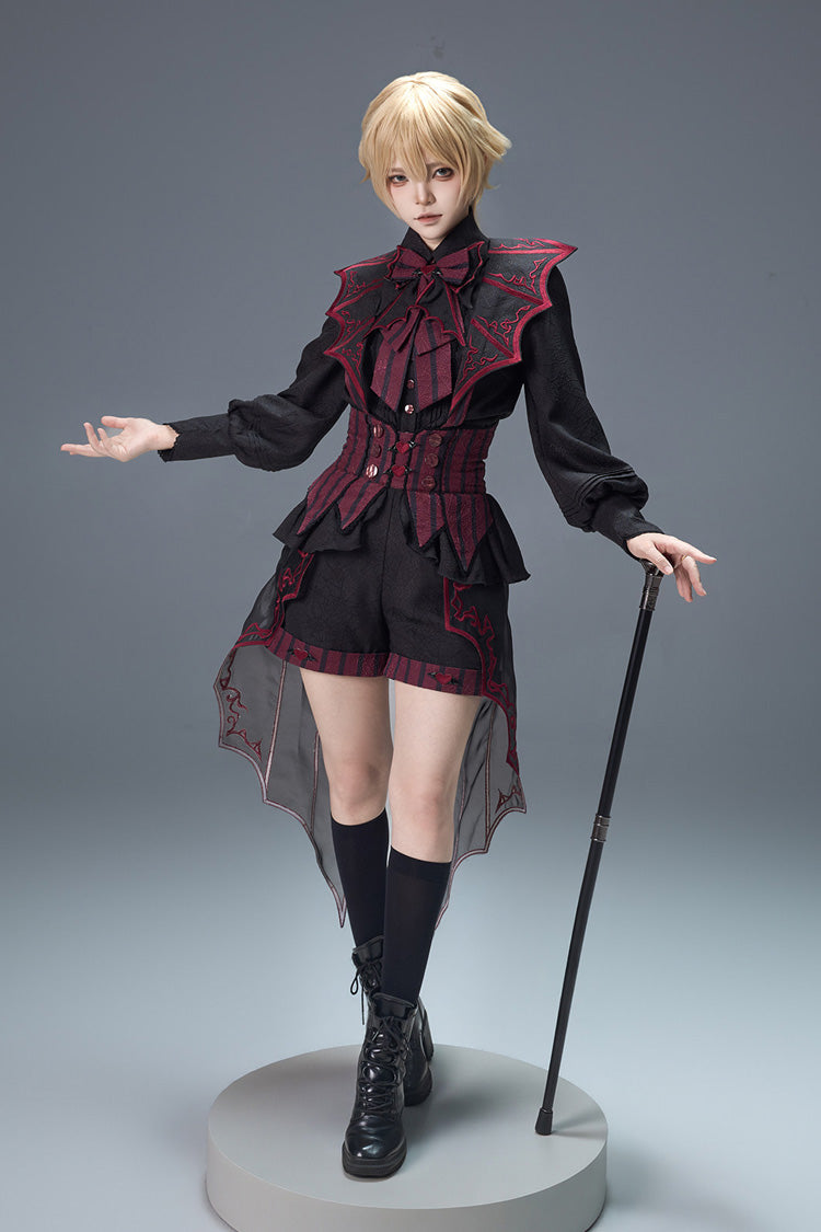 Black/Red [Demon Ritual] Stand Collar Long Lantern Sleeves Jacquard Embroidered Bow Gothic Prince Ouji Lolita Shorts Set - Product - 6